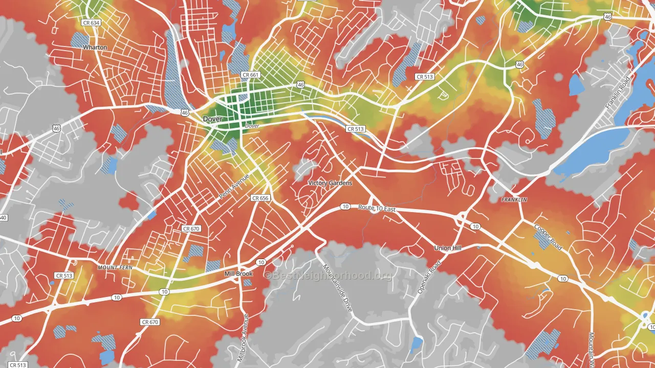 Walk Grade map of Victory Gardens, NJ, walkable areas in green and car-dependent areas in red
