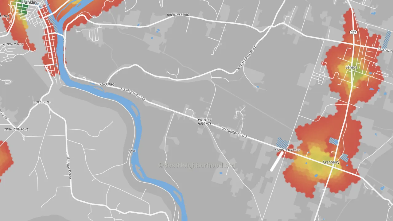 Walk Grade map of Victory Heights, PA, walkable areas in green and car-dependent areas in red