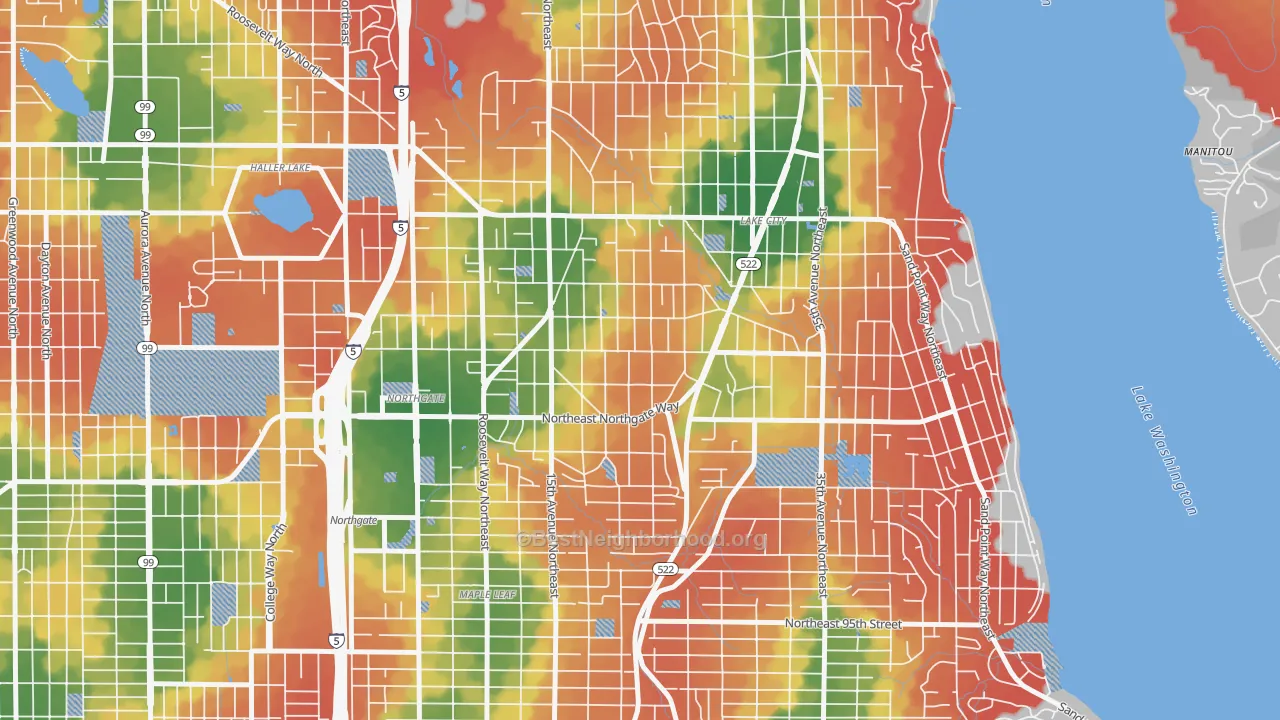 Walk Grade map of Victory Heights, Seattle, WA, walkable areas in green and car-dependent areas in red