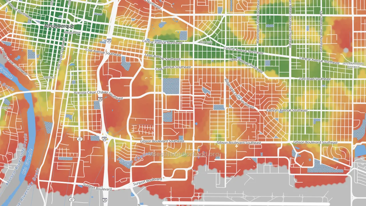 Walk Grade map of Victory Hills, Albuquerque, NM, walkable areas in green and car-dependent areas in red