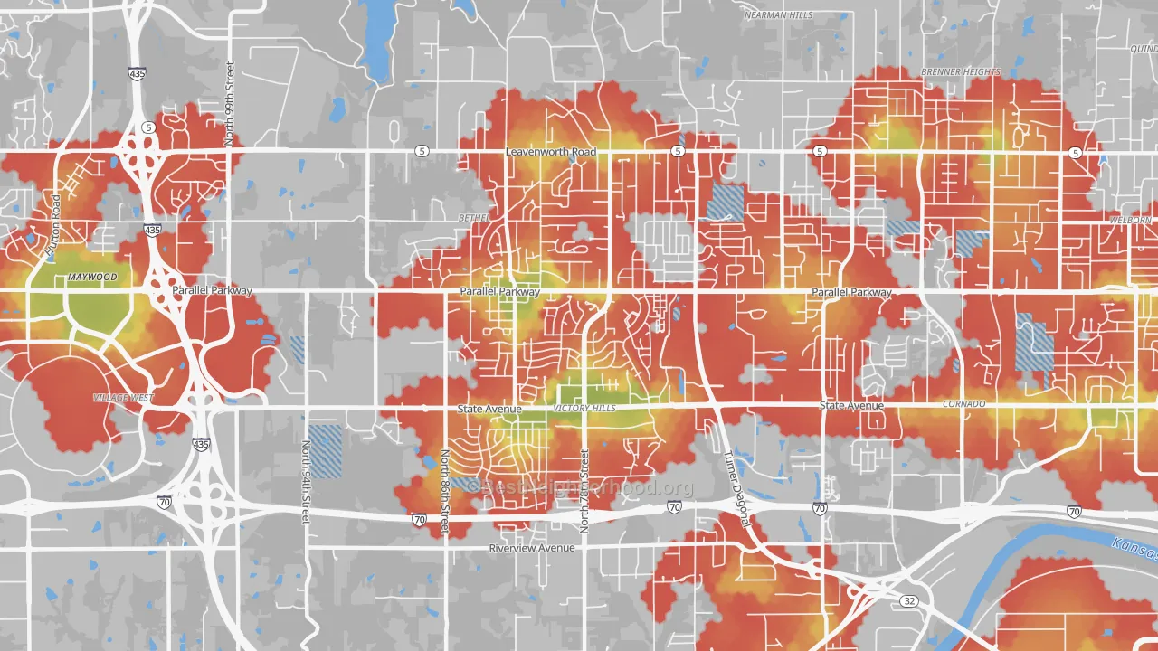 Walk Grade map of Victory Hills, Kansas City, KS, walkable areas in green and car-dependent areas in red