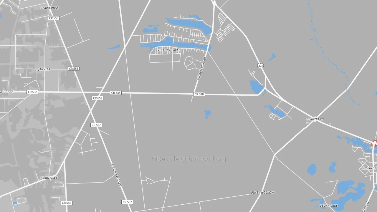 Walk Grade map of Victory Lakes, NJ, walkable areas in green and car-dependent areas in red