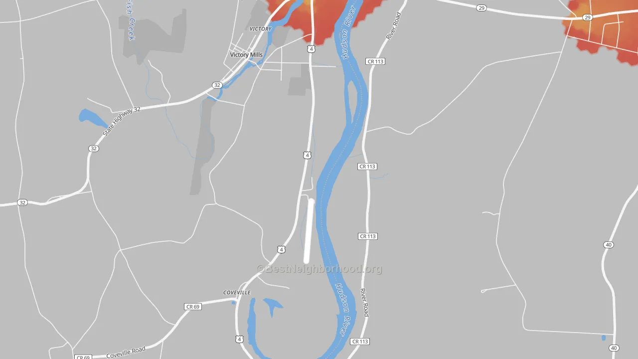 Walk Grade map of Victory Mills, NY, walkable areas in green and car-dependent areas in red