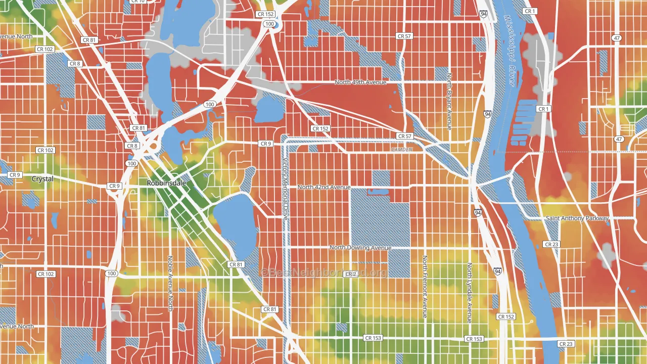 Walk Grade map of Victory, Minneapolis, MN, walkable areas in green and car-dependent areas in red
