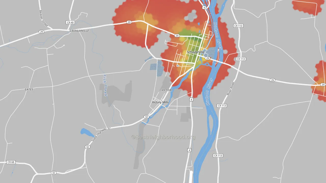 Walk Grade map of Victory, NY, walkable areas in green and car-dependent areas in red