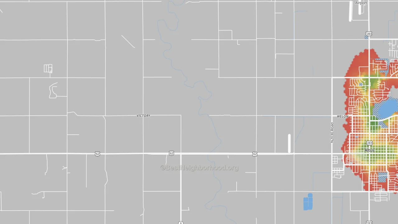 Walk Grade map of Victory, OK, walkable areas in green and car-dependent areas in red