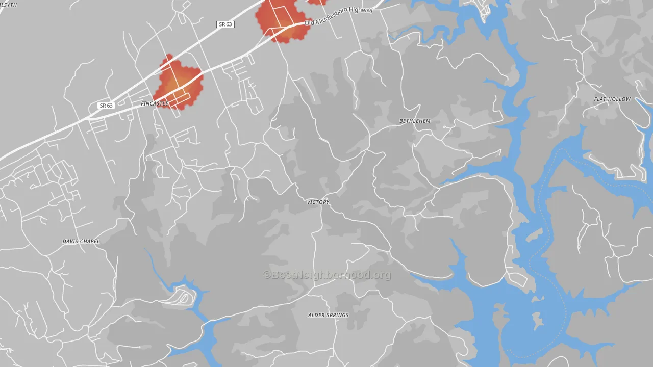 Walk Grade map of Victory, TN, walkable areas in green and car-dependent areas in red