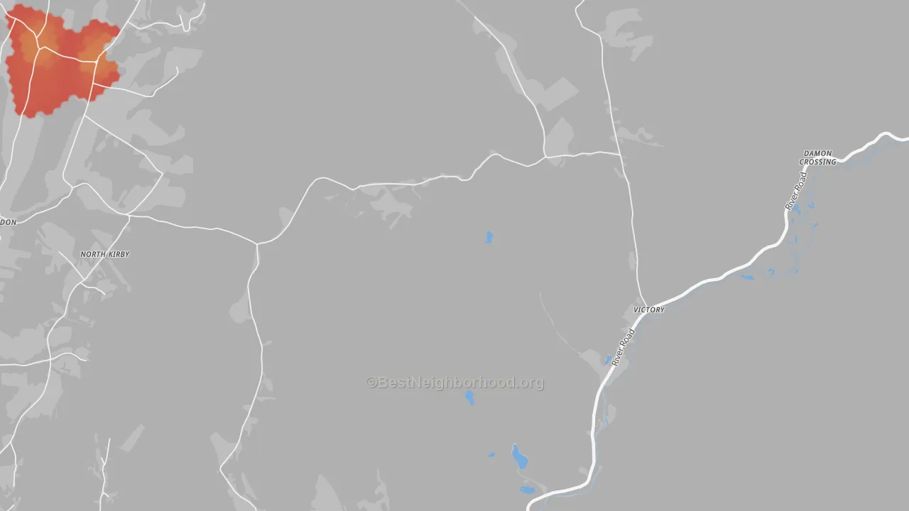 Walk Grade map of Victory, VT, walkable areas in green and car-dependent areas in red