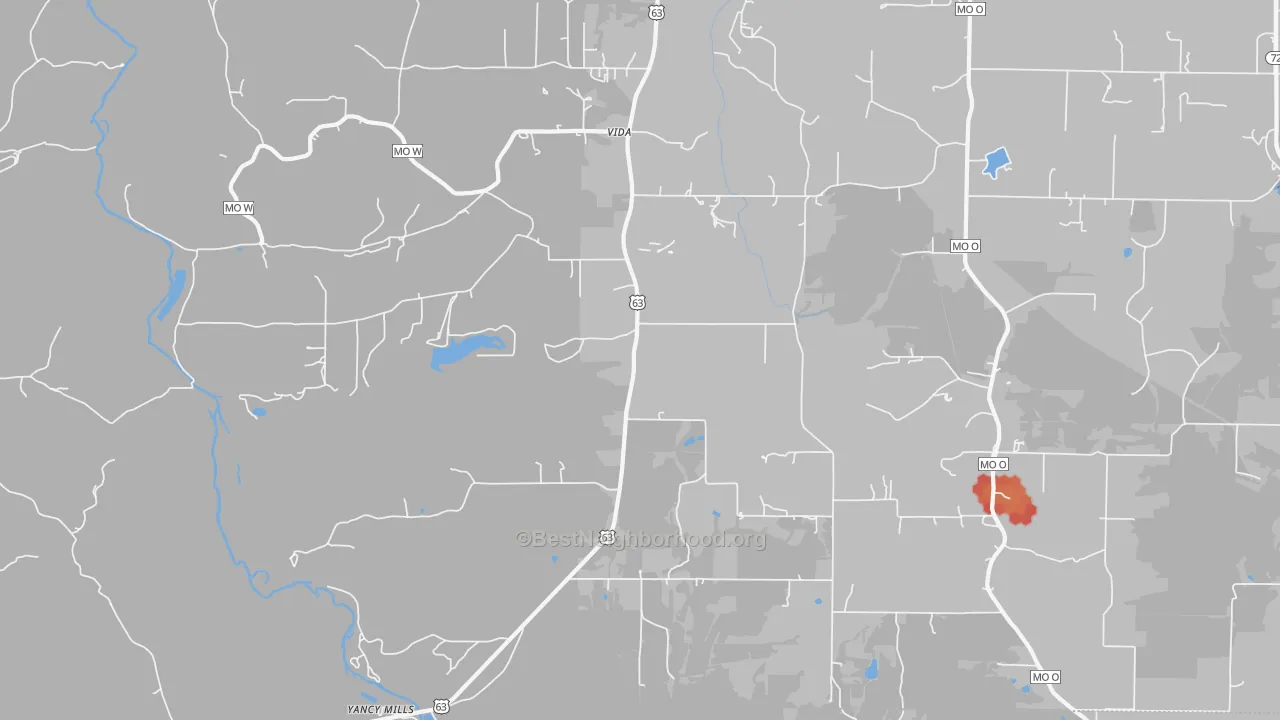 Walk Grade map of Vida, MO, walkable areas in green and car-dependent areas in red