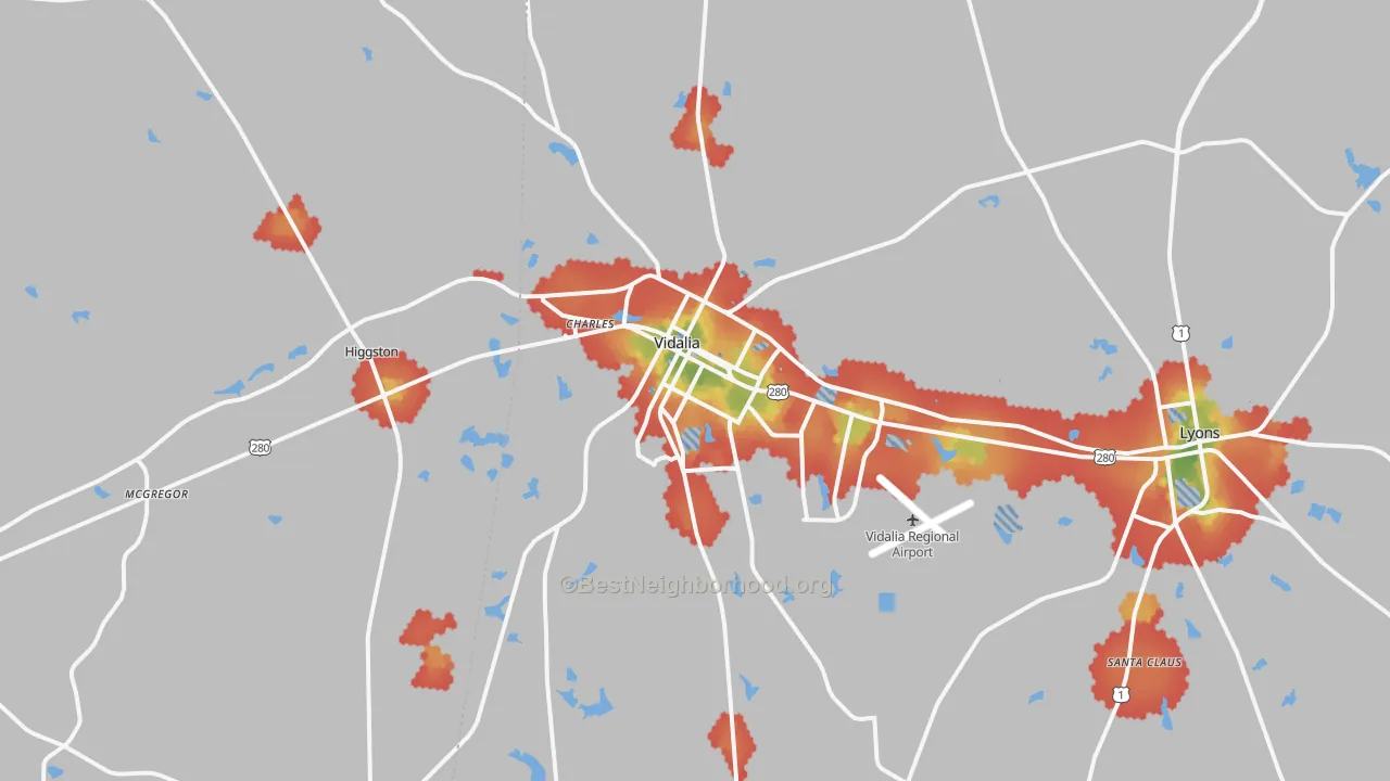Walk Grade map of Vidalia, GA, walkable areas in green and car-dependent areas in red