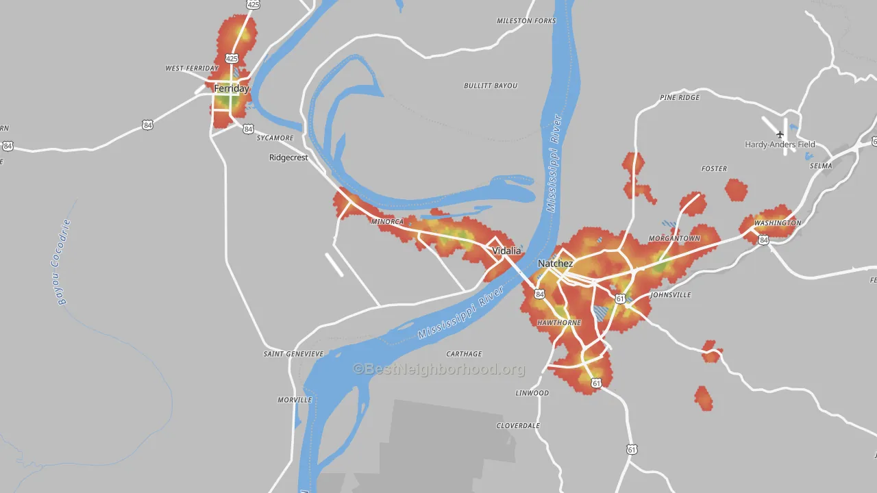 Walk Grade map of Vidalia, LA, walkable areas in green and car-dependent areas in red