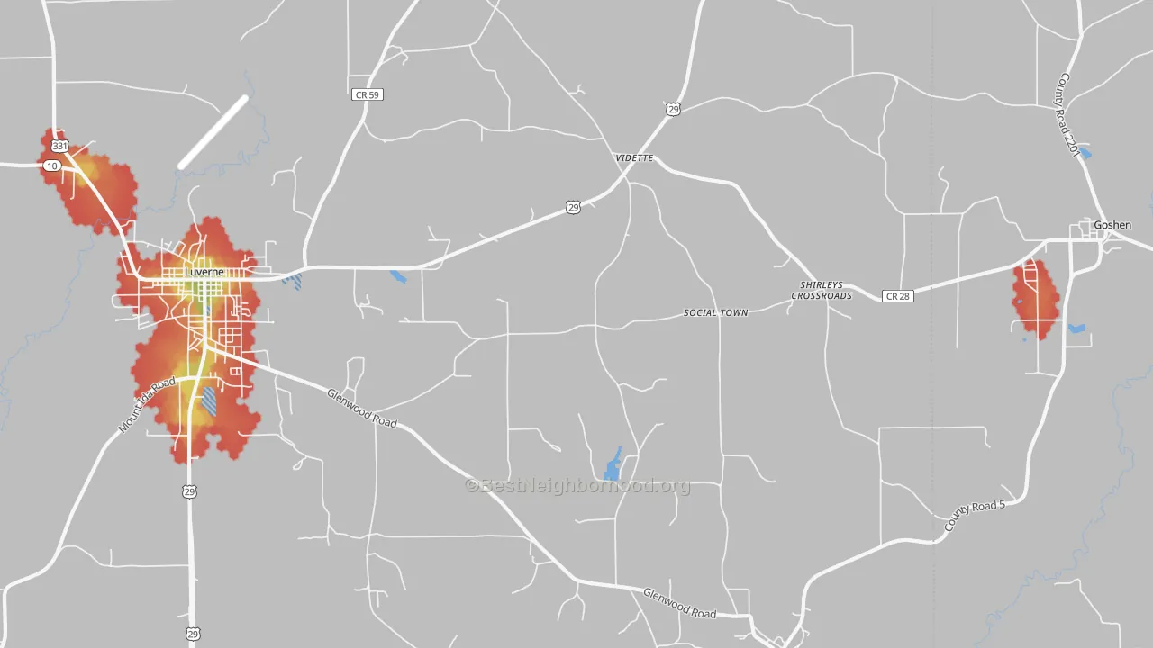 Walk Grade map of Vidette, AL, walkable areas in green and car-dependent areas in red