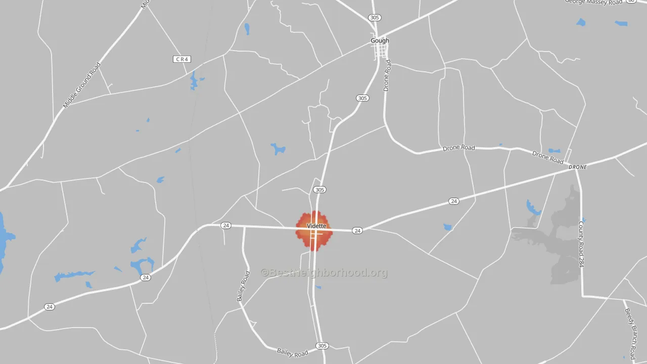 Walk Grade map of Vidette, GA, walkable areas in green and car-dependent areas in red