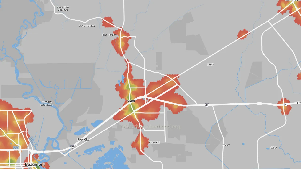 Walk Grade map of Vidor, TX, walkable areas in green and car-dependent areas in red