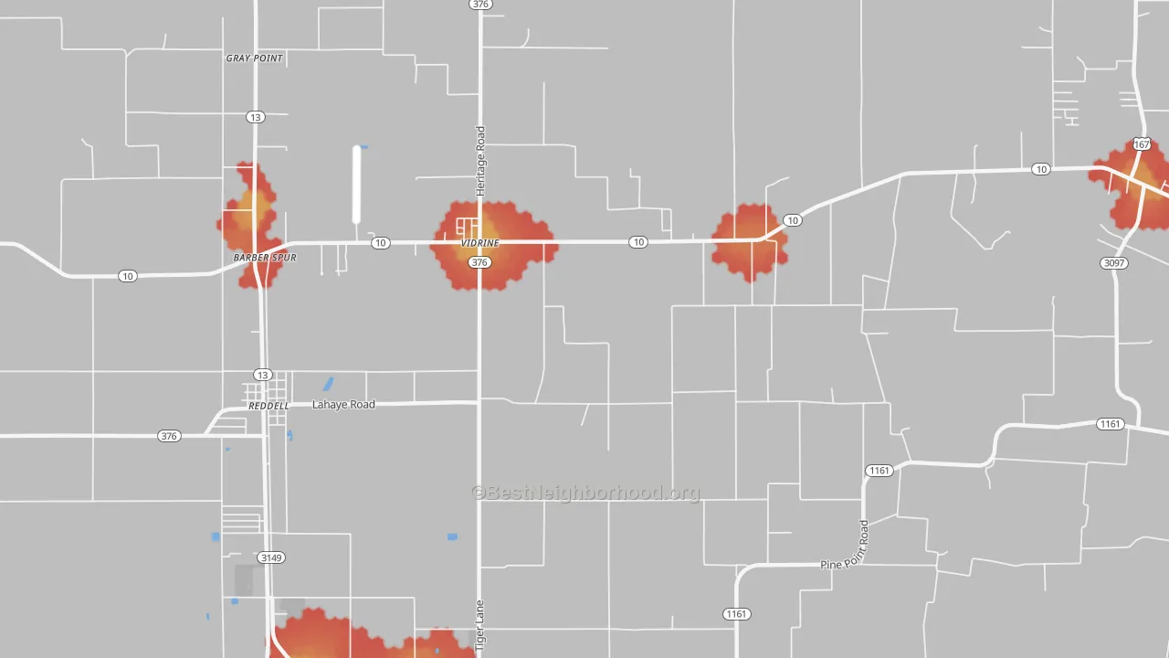 Walk Grade map of Vidrine, LA, walkable areas in green and car-dependent areas in red