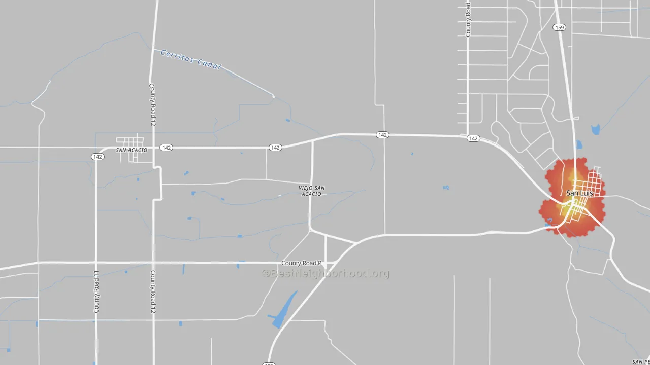 Walk Grade map of Viejo San Acacio, CO, walkable areas in green and car-dependent areas in red