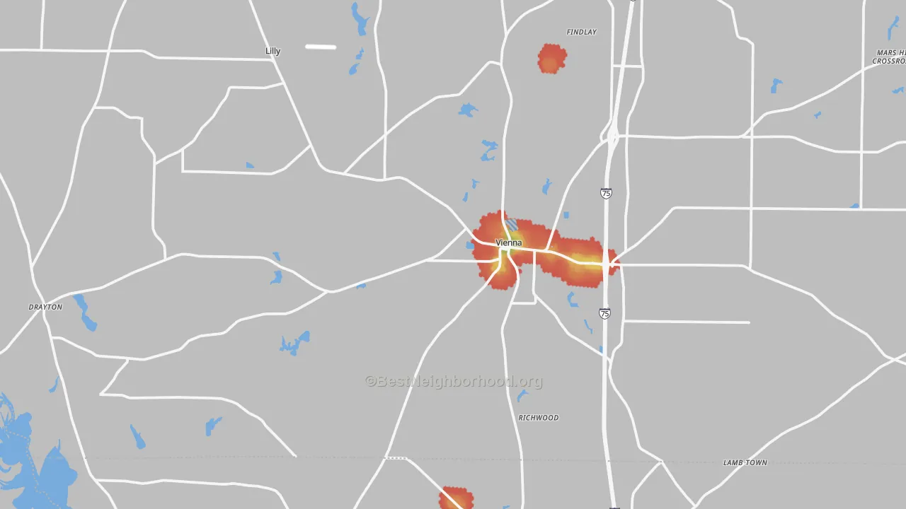 Walk Grade map of Vienna, GA, walkable areas in green and car-dependent areas in red