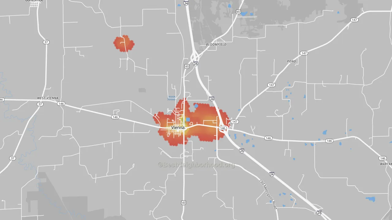 Walk Grade map of Vienna, IL, walkable areas in green and car-dependent areas in red