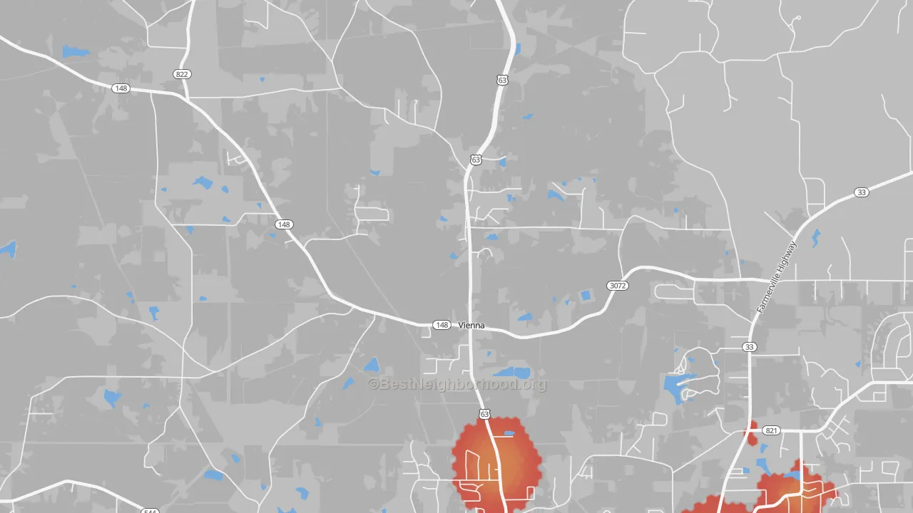 Walk Grade map of Vienna, LA, walkable areas in green and car-dependent areas in red