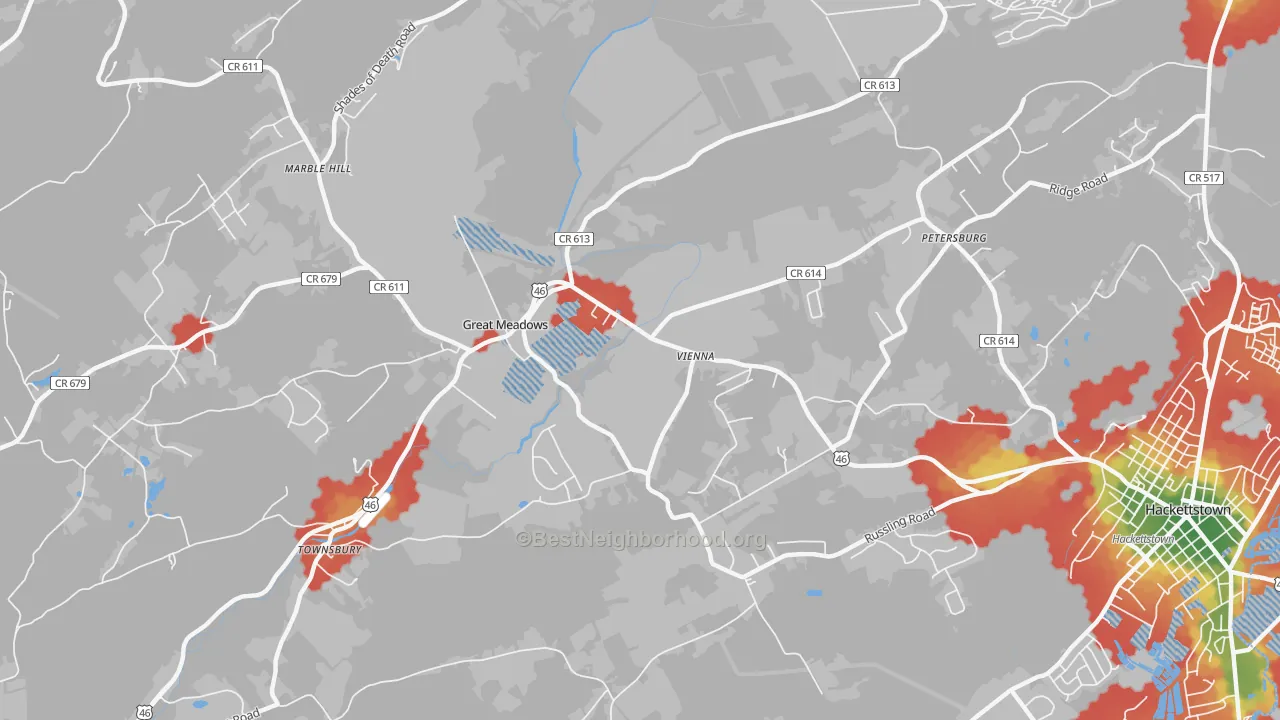 Walk Grade map of Vienna, NJ, walkable areas in green and car-dependent areas in red