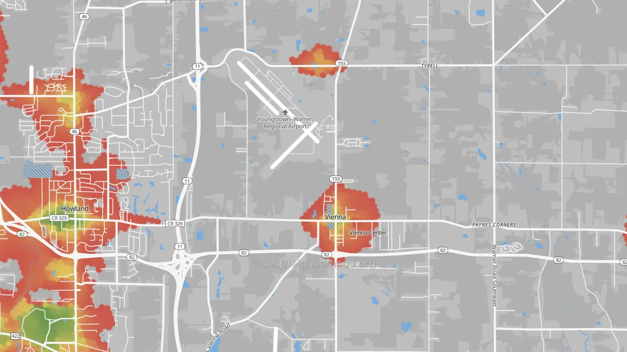 Walk Grade map of Vienna, OH, walkable areas in green and car-dependent areas in red