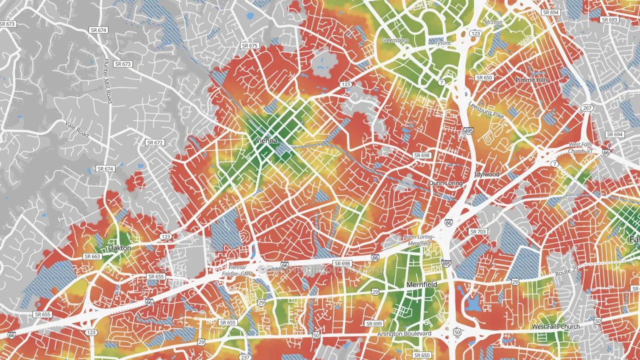 Walk Grade map of Vienna, VA, walkable areas in green and car-dependent areas in red