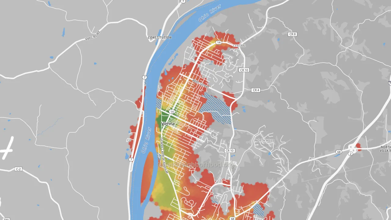 Walk Grade map of Vienna, WV, walkable areas in green and car-dependent areas in red