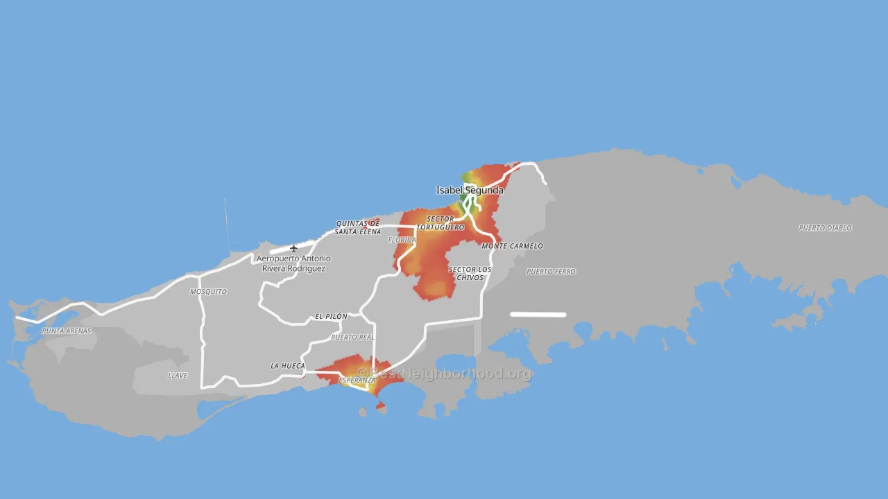 Walk Grade map of Vieques Municipio, PR, walkable areas in green and car-dependent areas in red