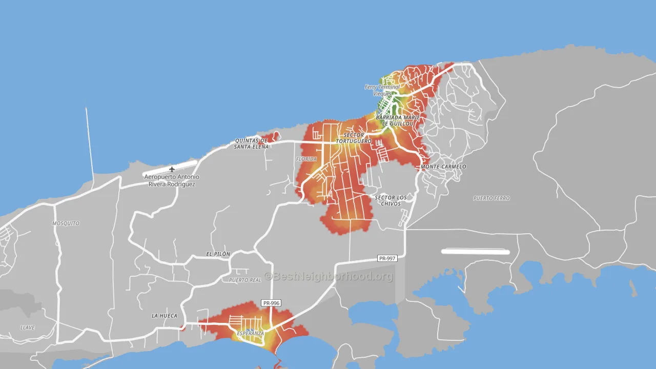 Walk Grade map of Vieques, PR, walkable areas in green and car-dependent areas in red