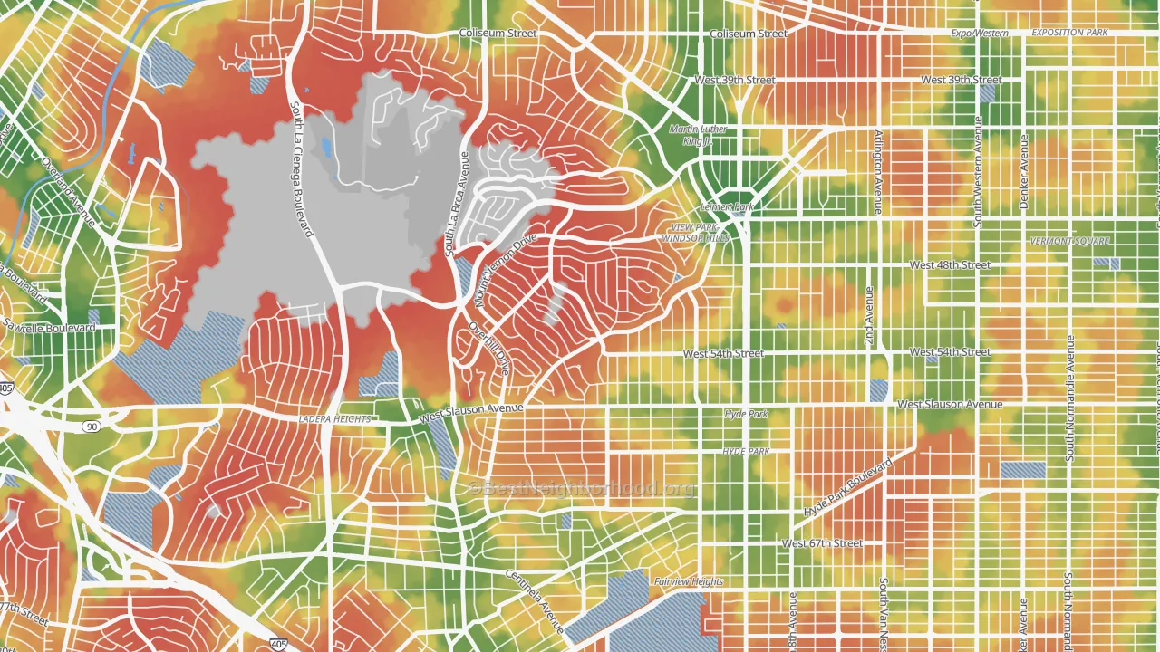 Walk Grade map of View Park-Windsor Hills, CA, walkable areas in green and car-dependent areas in red