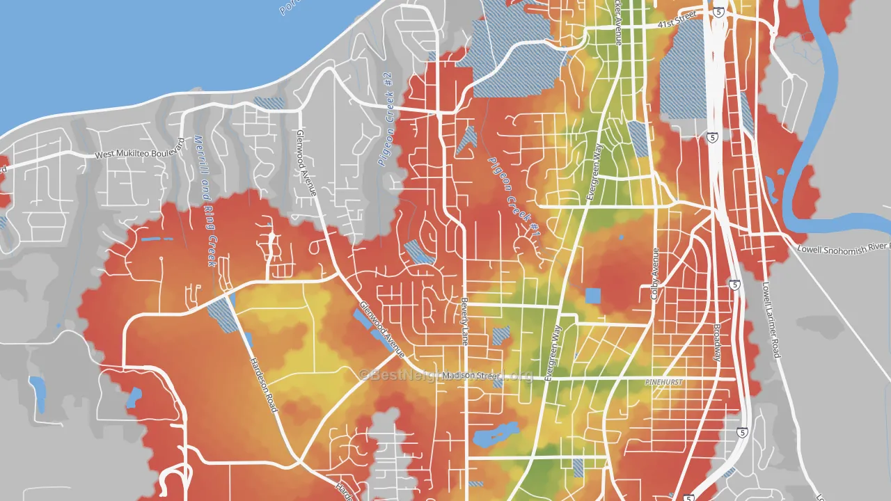 Walk Grade map of View Ridge-Madison, Everett, WA, walkable areas in green and car-dependent areas in red