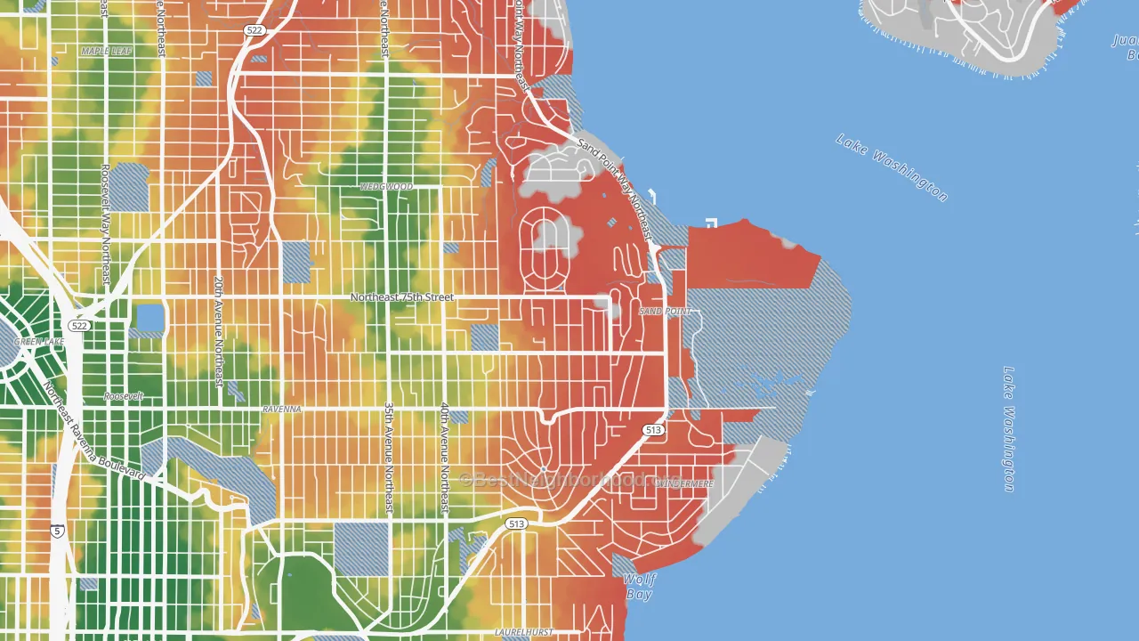 Walk Grade map of View Ridge, Seattle, WA, walkable areas in green and car-dependent areas in red