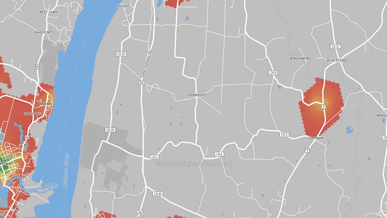 Walk Grade map of Viewmonte, NY, walkable areas in green and car-dependent areas in red