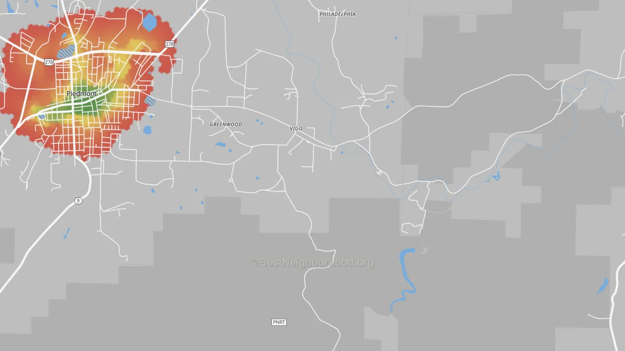Walk Grade map of Vigo, AL, walkable areas in green and car-dependent areas in red