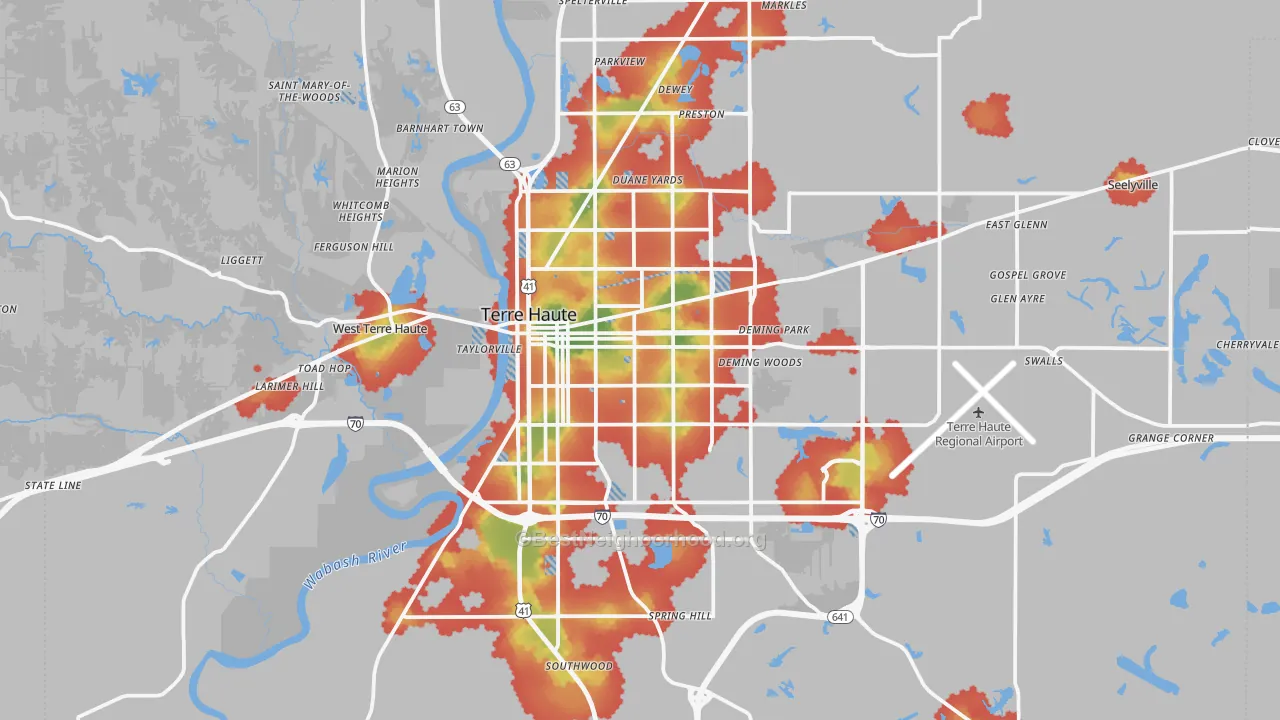 Walk Grade map of Vigo County, IN, walkable areas in green and car-dependent areas in red