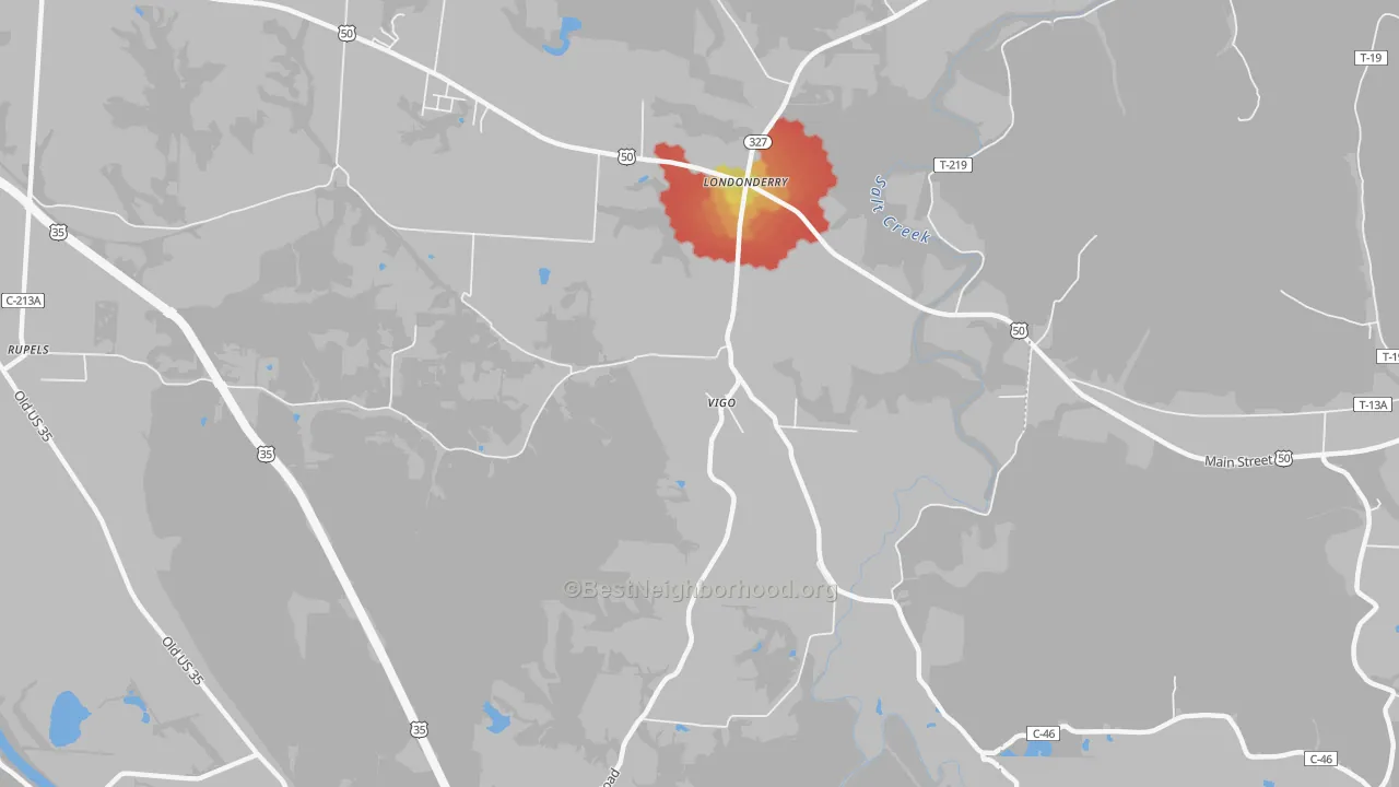 Walk Grade map of Vigo, OH, walkable areas in green and car-dependent areas in red