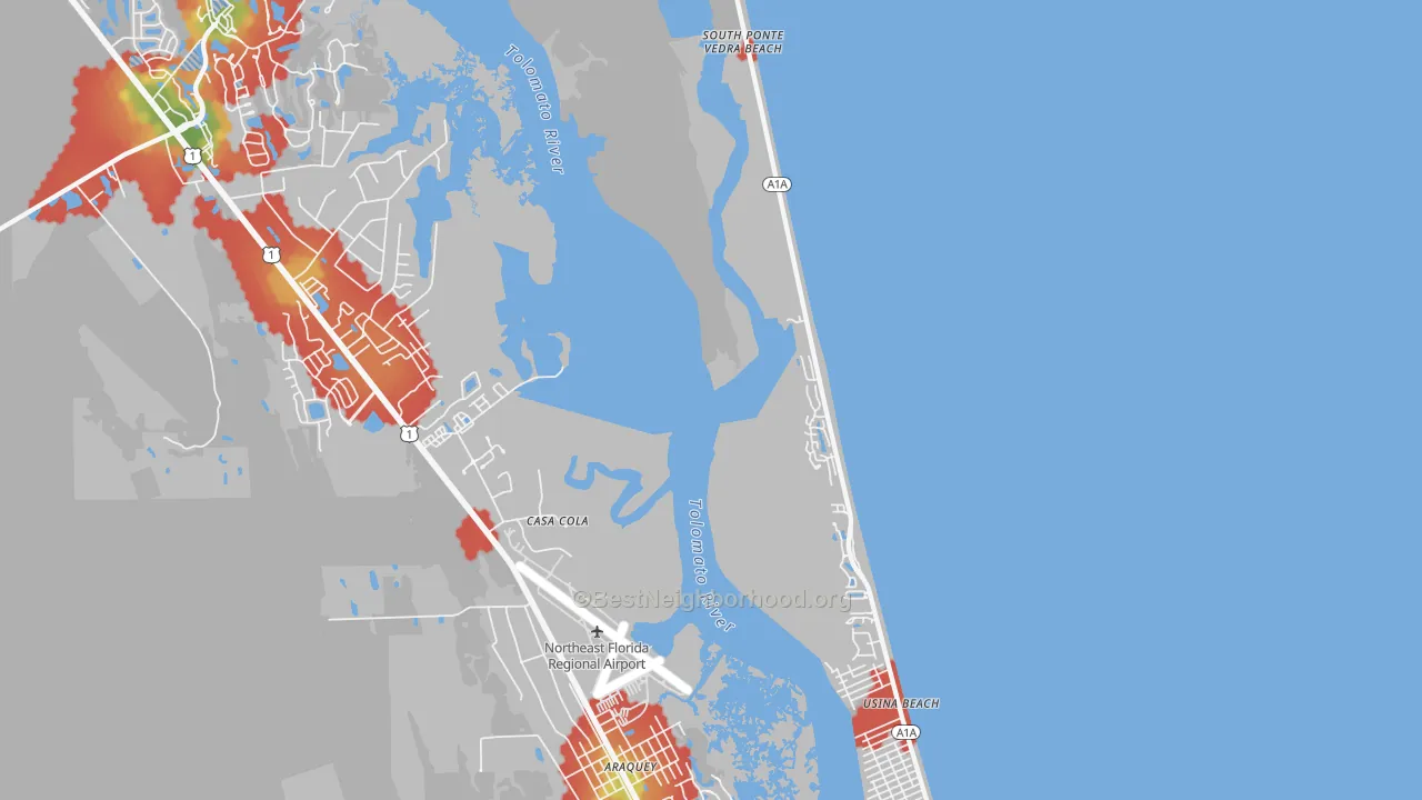 Walk Grade map of Vilano Beach, FL, walkable areas in green and car-dependent areas in red