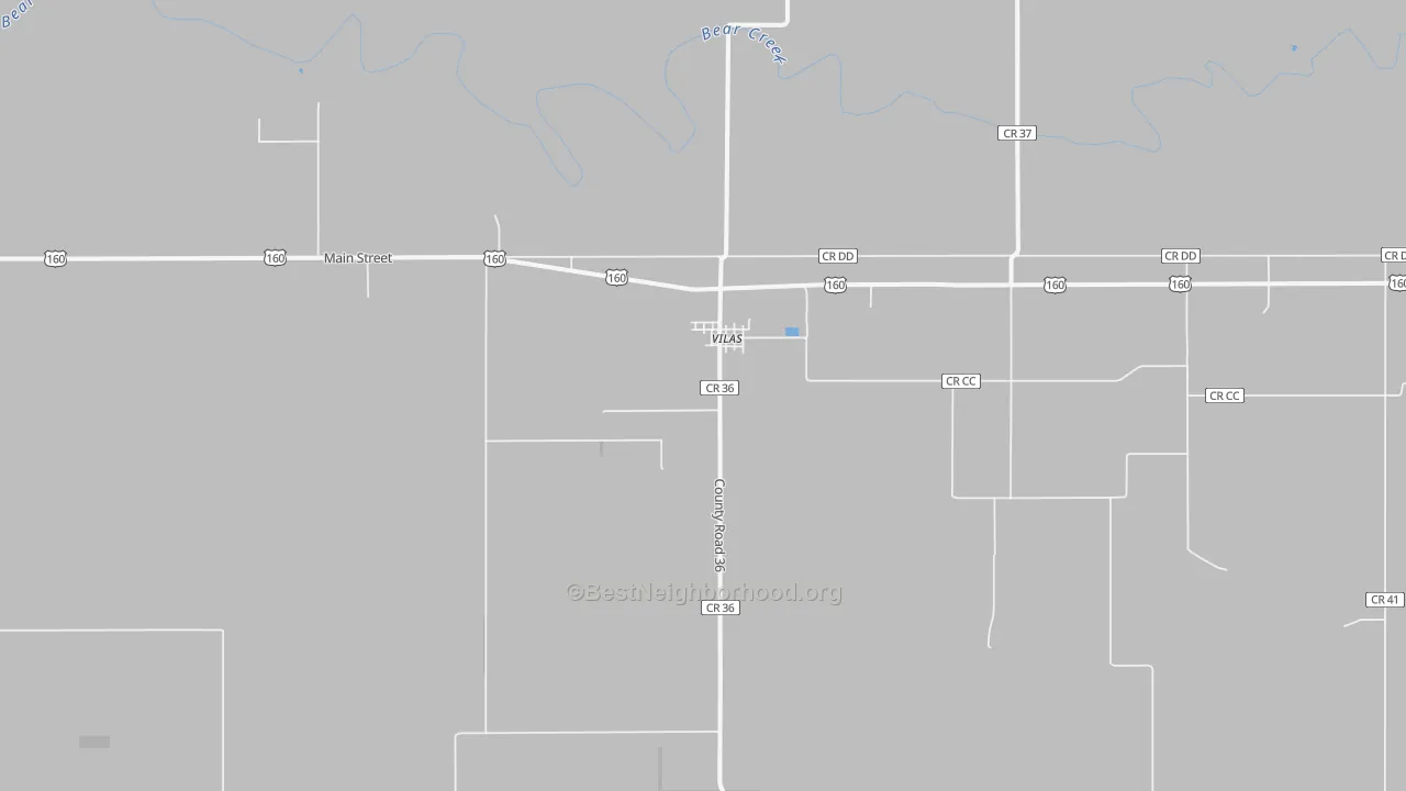 Walk Grade map of Vilas, CO, walkable areas in green and car-dependent areas in red