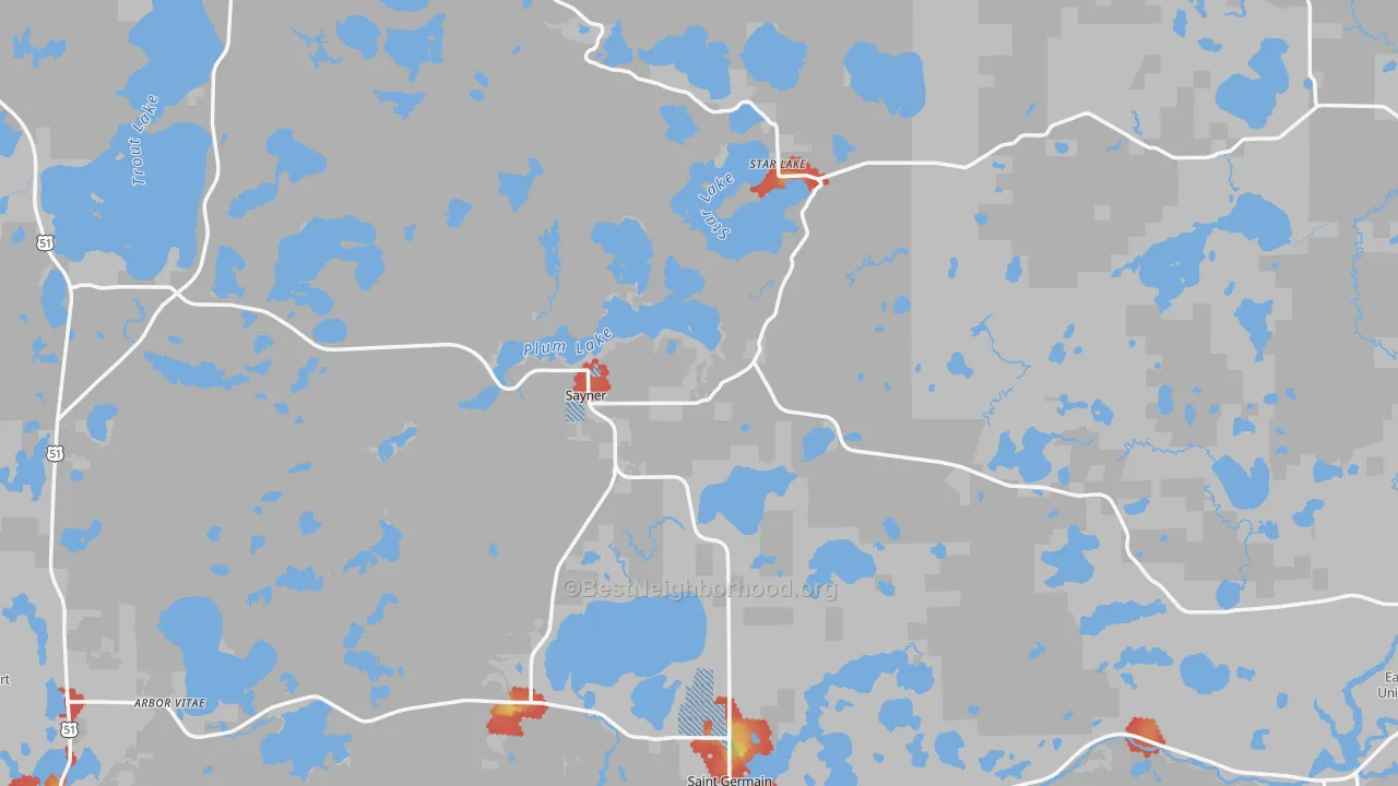 Walk Grade map of Vilas County, WI, walkable areas in green and car-dependent areas in red
