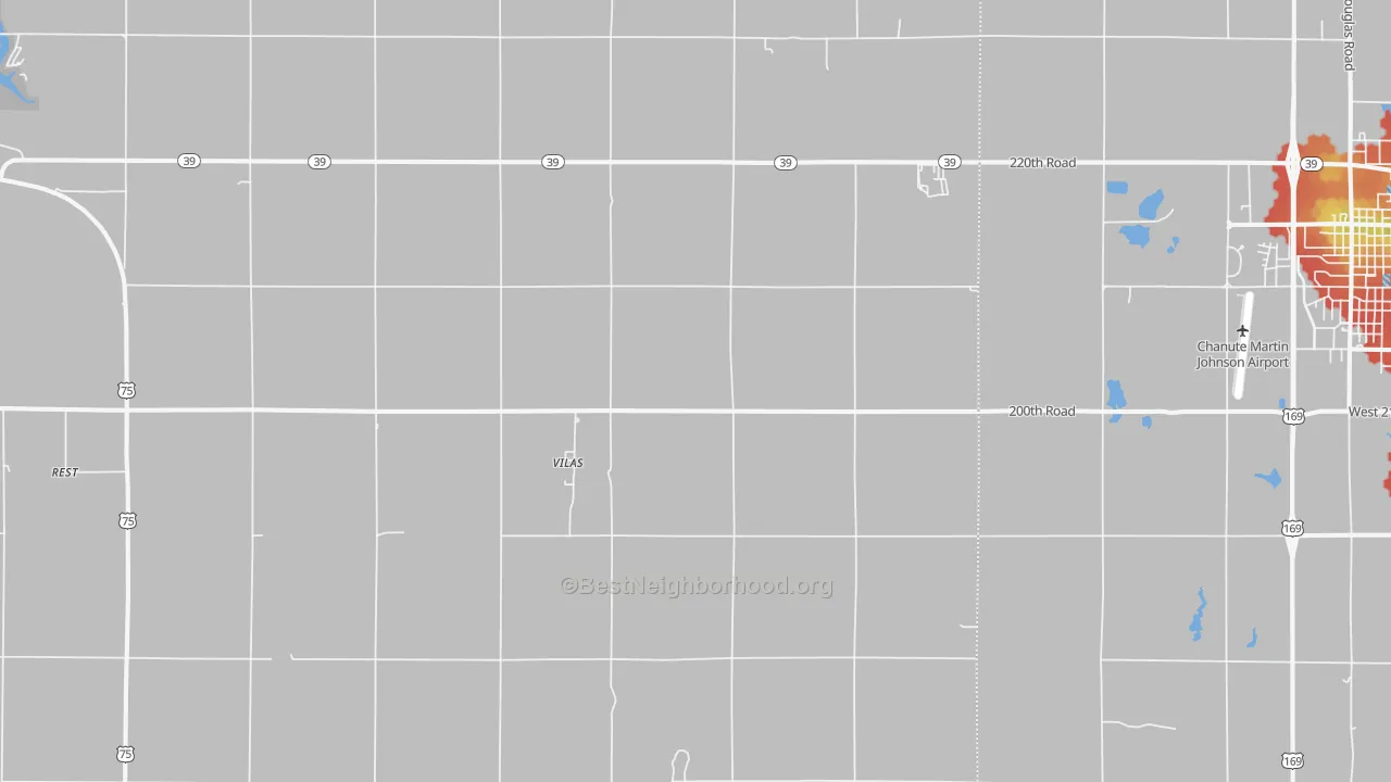 Walk Grade map of Vilas, KS, walkable areas in green and car-dependent areas in red