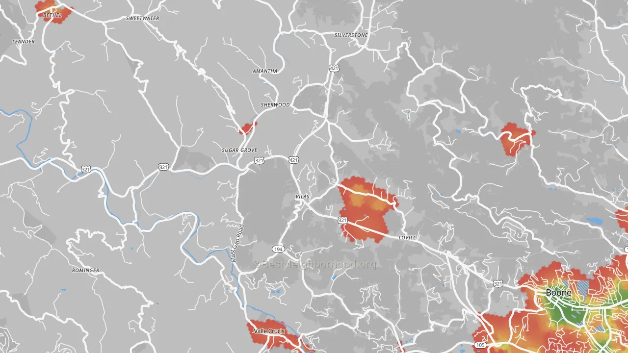 Walk Grade map of Vilas, NC, walkable areas in green and car-dependent areas in red
