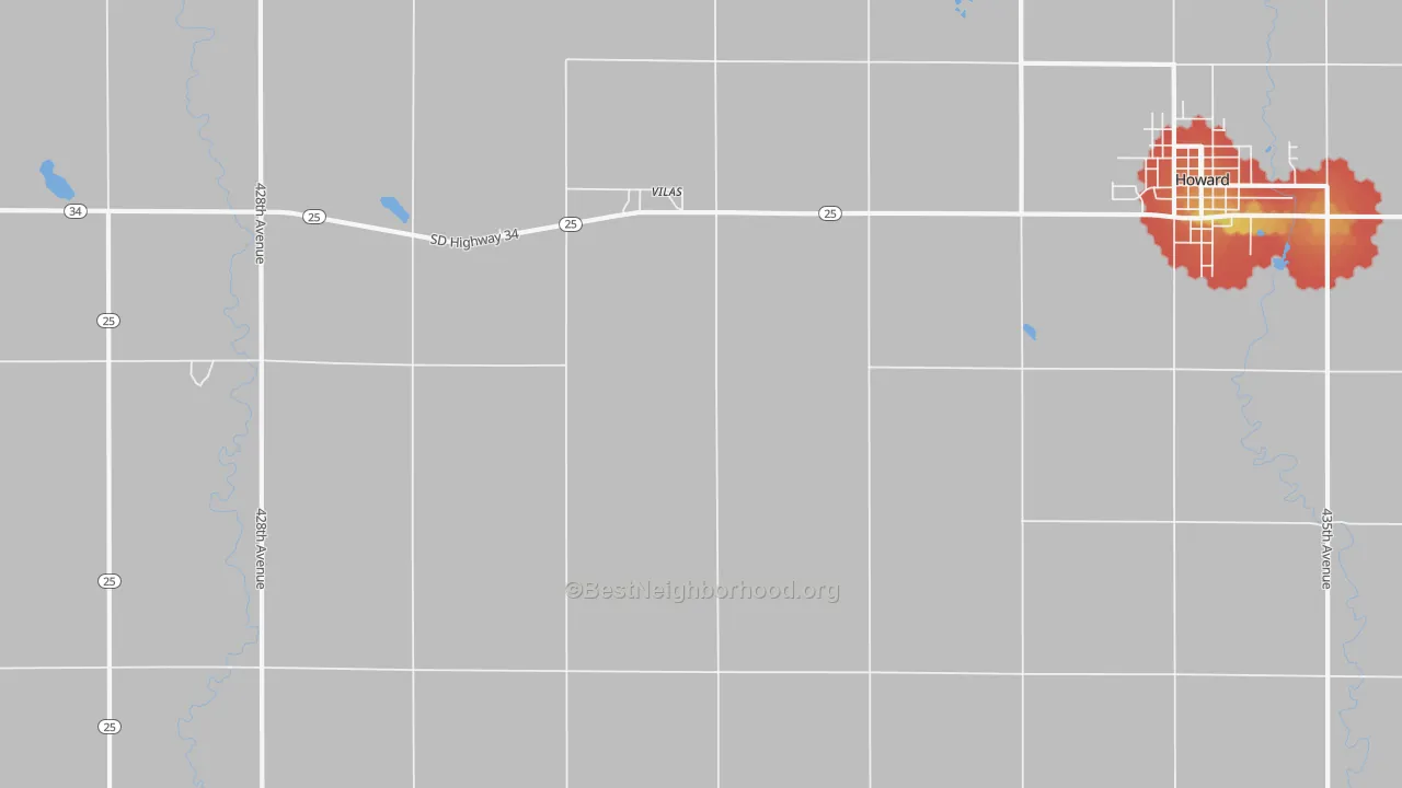 Walk Grade map of Vilas, SD, walkable areas in green and car-dependent areas in red