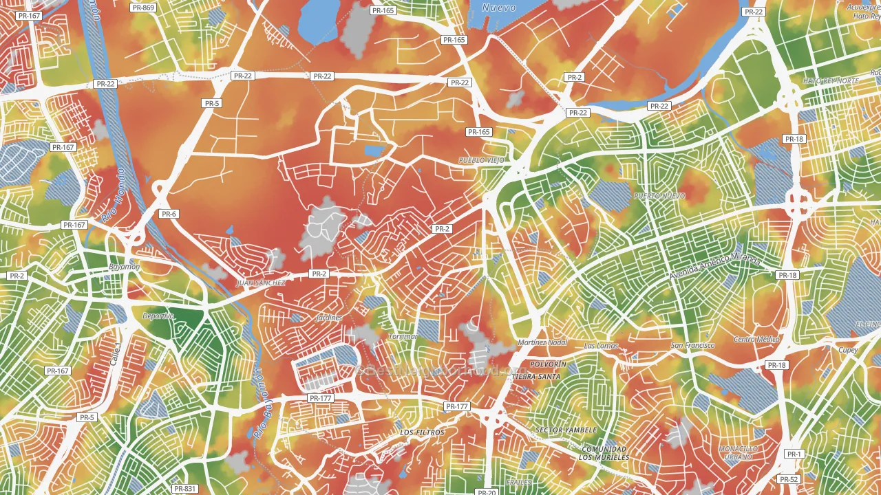 Walk Grade map of Villa Caparra, Guaynabo, PR, walkable areas in green and car-dependent areas in red