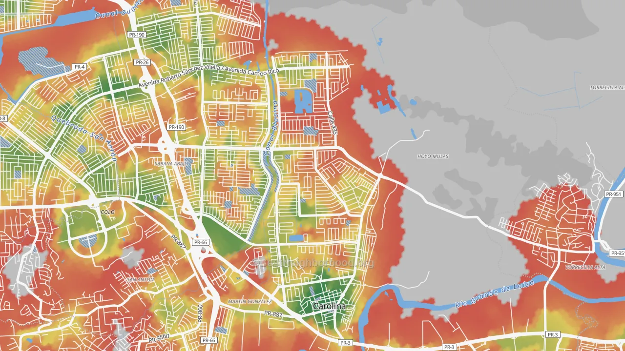 Walk Grade map of Villa Carolina, Carolina, PR, walkable areas in green and car-dependent areas in red