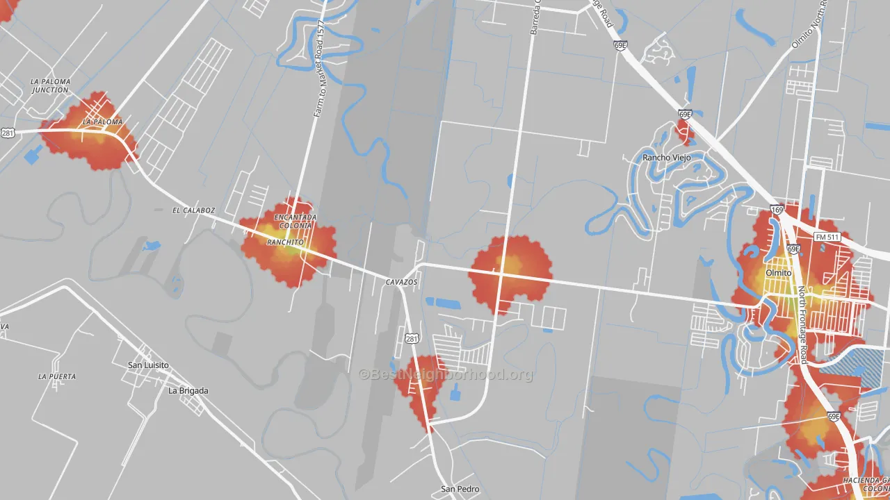 Walk Grade map of Villa Cavazos, TX, walkable areas in green and car-dependent areas in red
