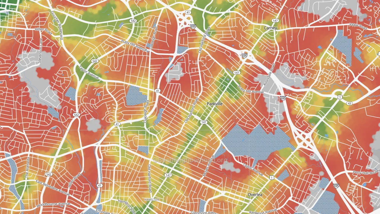 Walk Grade map of Villa Cresta, Parkville, MD, walkable areas in green and car-dependent areas in red