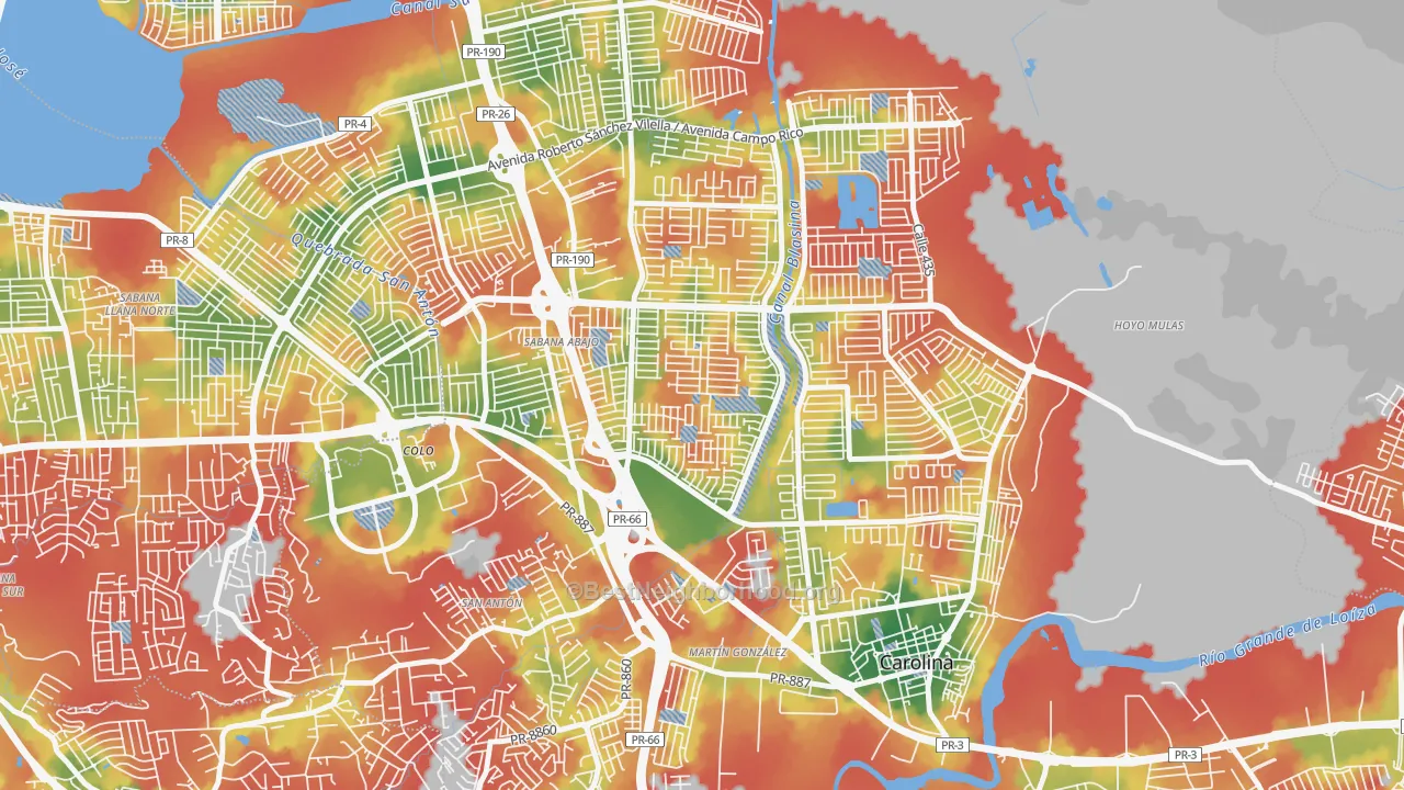 Walk Grade map of Villa Fontana, Carolina, PR, walkable areas in green and car-dependent areas in red