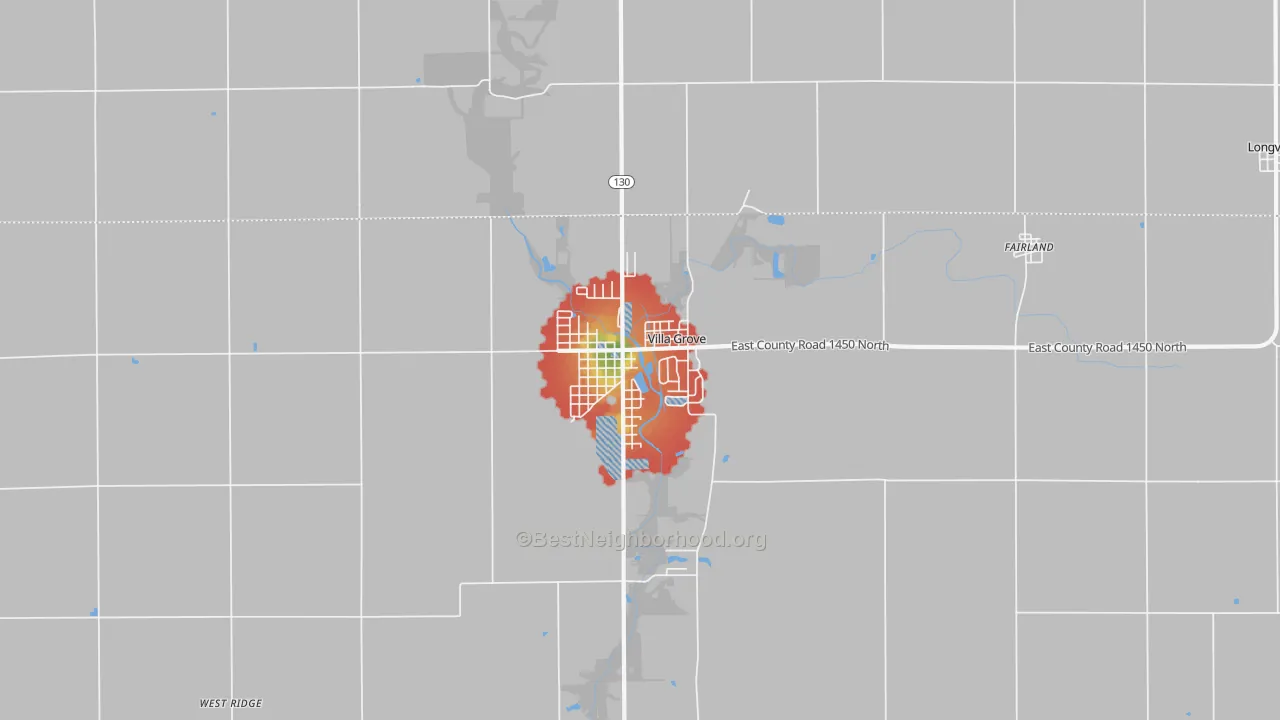 Walk Grade map of Villa Grove, IL, walkable areas in green and car-dependent areas in red