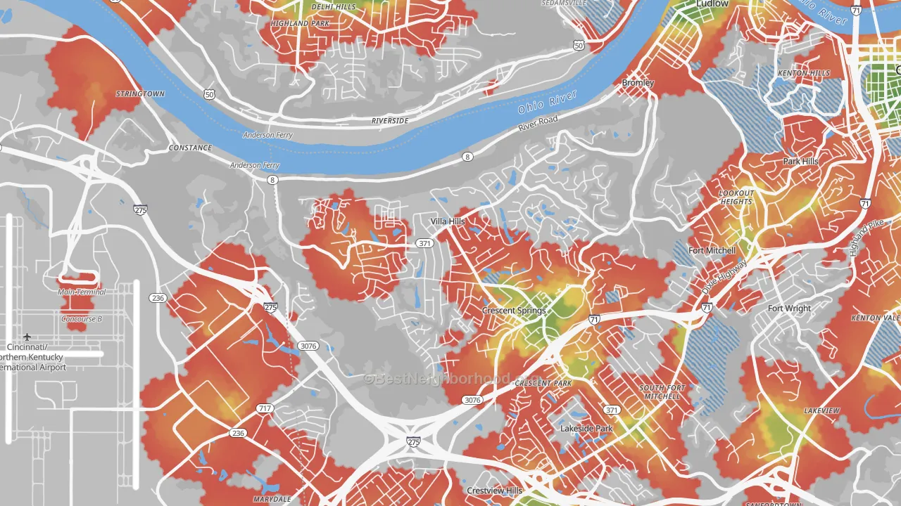 Walk Grade map of Villa Hills, KY, walkable areas in green and car-dependent areas in red