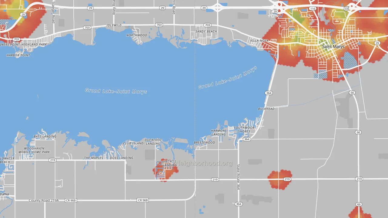 Walk Grade map of Villa Nova, OH, walkable areas in green and car-dependent areas in red